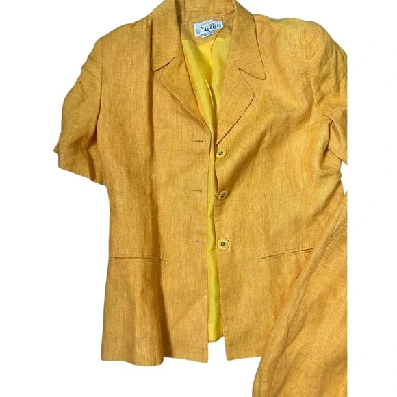 Club France Womens Yellow 100% Linen 2 Piece Pant Suit Short Sleeve Blazer 12 - Picture 3 of 5